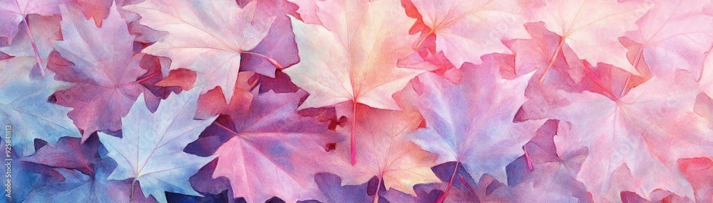 Poster a vibrant mix of colorful leaves in soft pastel tones, creating a tranquil and artistic autumn atmos