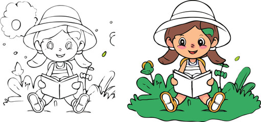 coloring page simple drawing of cartoon character reading a book in library , coloring book