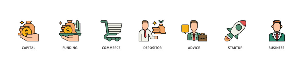Angel investor icon infographic illustration concept with icon of capital, funding, commerce, depositor, advice, startup and business icon live stroke and easy to edit 