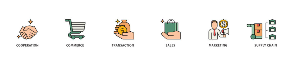 Business to business icon infographic illustration concept with icon of cooperation, commerce, transaction, sales, marketing, supply chain icon live stroke and easy to edit 