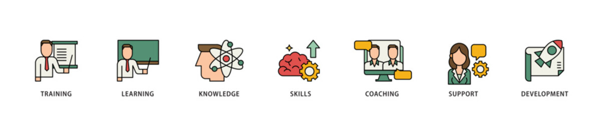Capacity building icon infographic illustration concept with icon of training, learning, knowledge, skills, coaching, support, and development icon live stroke and easy to edit 