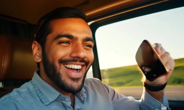 Happy man sitting behind wheel of car and calling fellow traveler 4k movie slow motion 