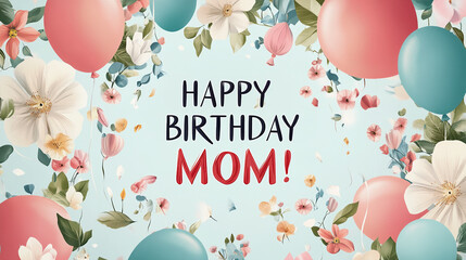 Happy Birthday Mom Floral & Balloon Illustration