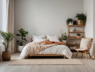 Minimalist Bedroom Interior with White Bed, Natural Elements, and Wooden Furniture