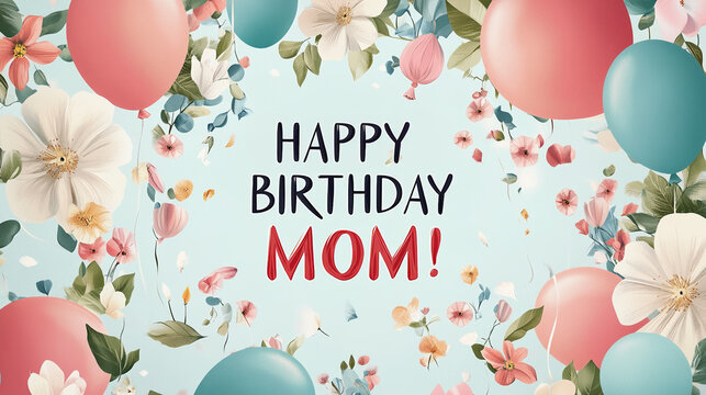 Happy Birthday Mom Floral & Balloon Illustration - Powered by Adobe