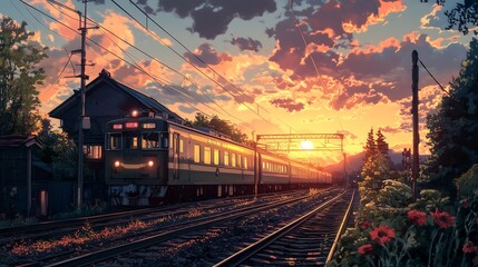 Fototapeta premium anime landscape with train and sunset