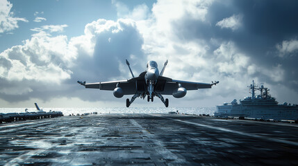 fighter jet takes off from an aircraft carrier, showcasing power and precision againstdramatic sky.scene evokes excitement and awe.
