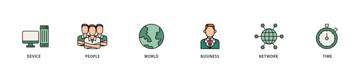 Internet of things icon infographic illustration concept with icon of device, people, world, business, network and time icon live stroke and easy to edit 