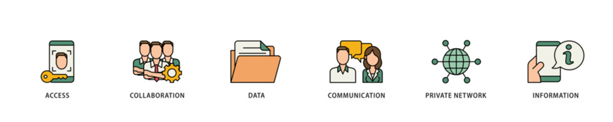 Intranet icon infographic illustration concept with icon of access, collaboration, data, communication, private network, and information technology icon live stroke and easy to edit 