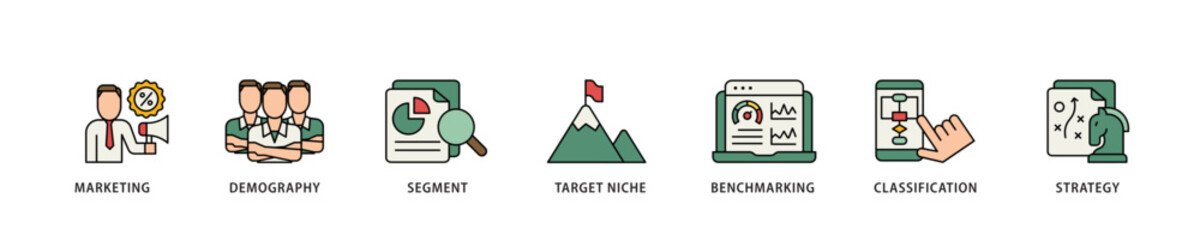 Market segmentation icon infographic illustration concept with icon of marketing, demography, segment, target niche, benchmarking, classification, strategy icon live stroke and easy to edit 