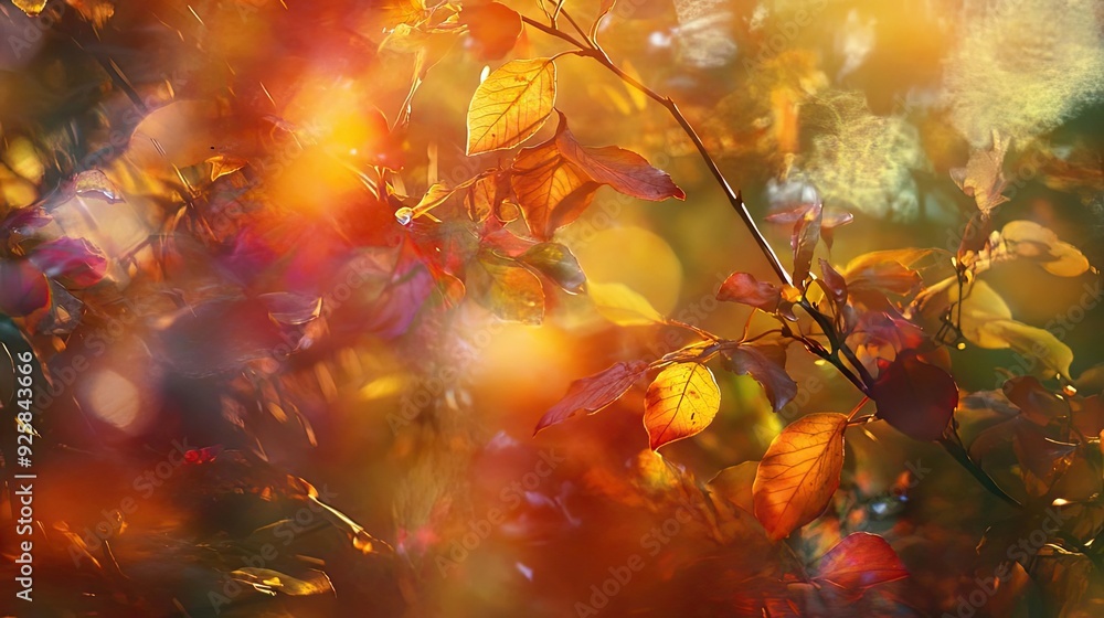 Poster vibrant autumn leaves soaked in warm sunlight, creating a dreamy bokeh effect that captures nature's