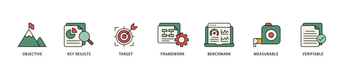 OKR icon infographic illustration concept with icon of objective, key results, target, framework, benchmark, measurable, and verifiable icon live stroke and easy to edit 