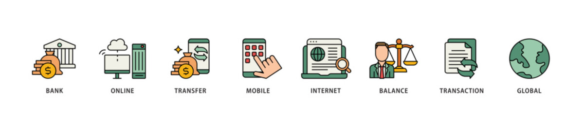 Online banking icon infographic illustration concept with icon of account, online payment, transfer funds, mobile banking, internet banking, balance check icon live stroke and easy to edit 