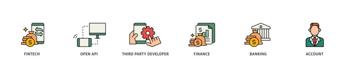 Open banking icon infographic illustration concept with icon of the fintech, coding, open API, finance, banking, third party developer, and account icon live stroke and easy to edit 