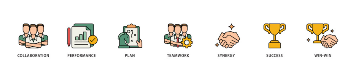 Partnership icon infographic illustration concept with icon of collaboration, performance, plan, teamwork, synergy, success and win win solution icon live stroke and easy to edit 