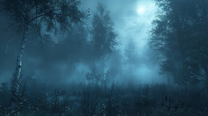 A misty dark forest path is enveloped in dense fog, creating an eerie and mysterious atmosphere that evokes a sense of quiet solitude.