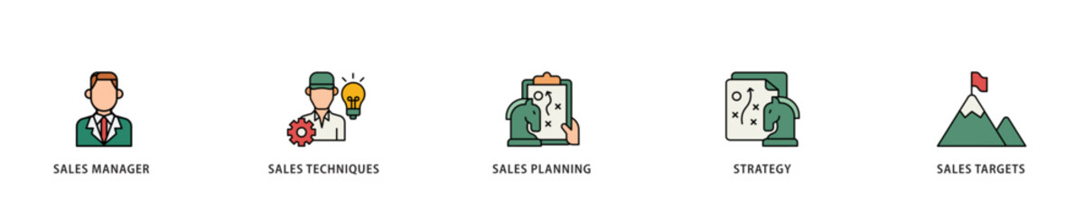 Sales management icon infographic illustration concept with icon of manager, sales techniques, planning, strategy, and targets icon live stroke and easy to edit 