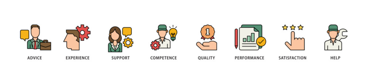 Service icon infographic illustration concept with icon of advice, experience, support, competence, quality, performance, satisfaction, help, and call center icon live stroke and easy to edit 