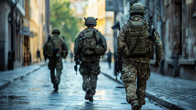 Three soldiers walking military urban street tactical gearsoldiers exhibitsense of purpose and determination as they navigatecity streets.