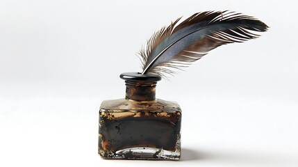 An antique inkwell with a quill pen inserted, isolated on a white background.