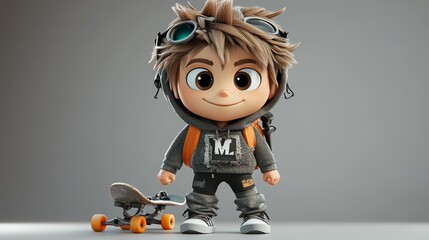 Young boy with skateboard and goggles stands confidently indoors