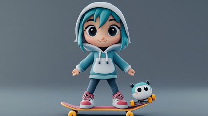 Girl skating with a cartoon panda companion indoors on a skateboard