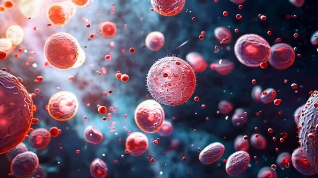 Digital rendering of white blood cells releasing interferons to inhibit viral replication and activate immune responses against virus cells.