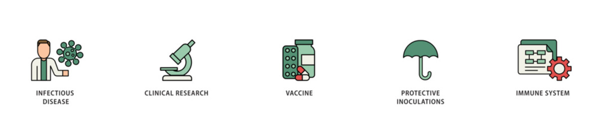 Vaccination icon infographic illustration concept with icon of virus infectious disease, vaccine clinical research, and protective inoculations icon live stroke and easy to edit 