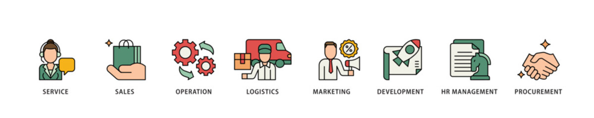 Value chain icon infographic illustration concept with icon of service, sales, operation, logistics, marketing, development, hr management, procurement icon live stroke and easy to edit 