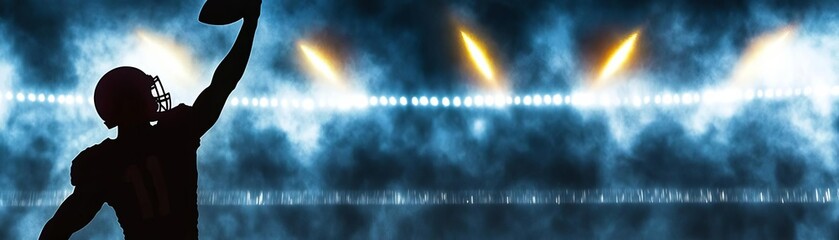 An athlete in silhouette raising a football in one hand, with the stadium lights flaring behind him