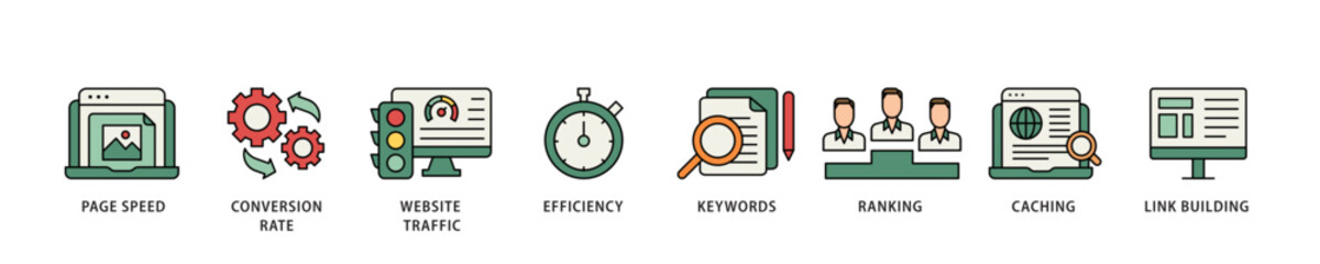 Website optimization icon infographic illustration concept with icon of page speed, conversion rate, website traffic, efficiency, keywords, ranking, caching  icon live stroke and easy to edit 