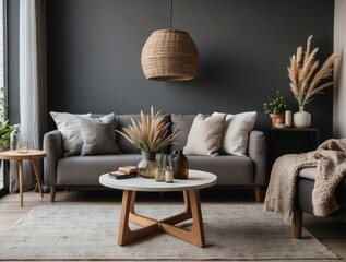 Modern Living Room with Grey Sofa, Wooden Coffee Table, and Rattan Pendant Light