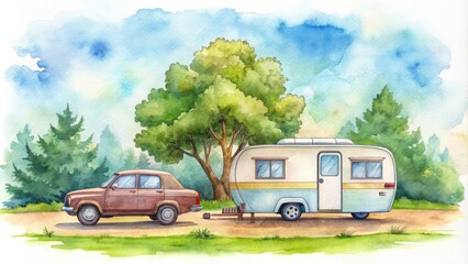 Watercolor of a super cute caravan traveling during Spring and Summer holidays, with a truck pulling a travel trailer, caravan