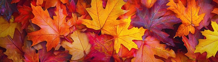Fototapeta premium Vibrant autumn leaves in shades of orange, red, and purple create a stunning natural tapestry perfect for seasonal themes.