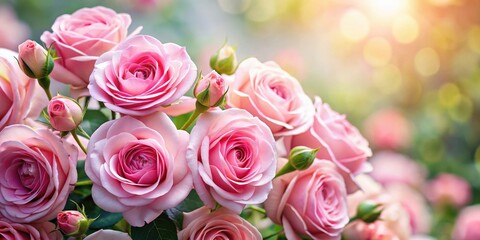 Naklejka premium Close-up of delicate pink roses in full bloom, pink, roses, flowers, blooms, garden, petals, delicate, beautiful, romantic, nature