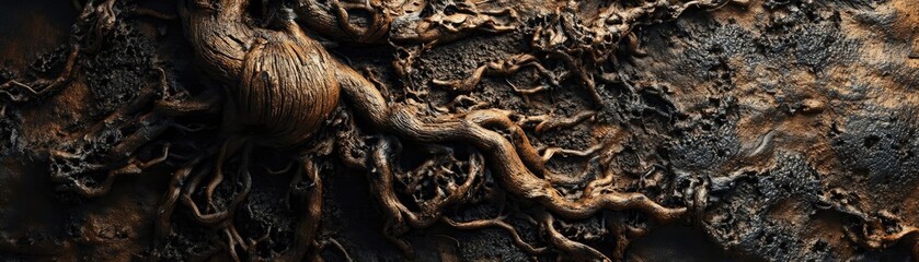 Obraz premium Intricate textures of tree roots against a textured surface, showcasing natural patterns and earthy tones.