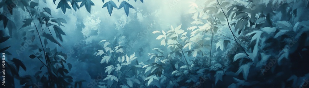 Poster A serene forest scene with soft light filtering through dense foliage, creating a tranquil and mystical atmosphere.