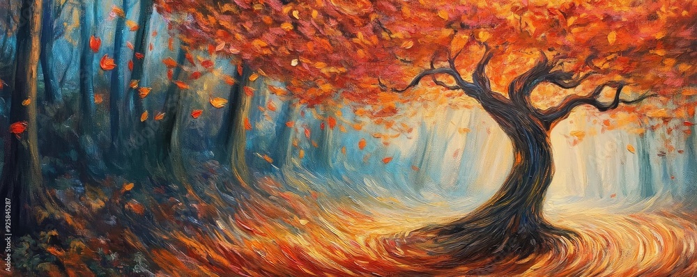 Poster beautiful autumn scene with vibrant orange leaves and a majestic tree, creating a serene atmosphere 
