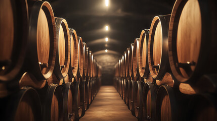Rows of wooden barrels in a traditional wine cellar with arched brick walls.