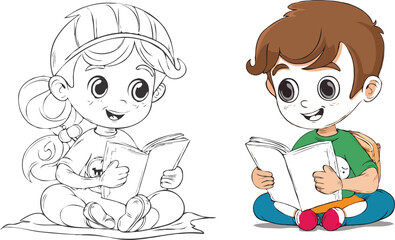 coloring page simple drawing of cartoon character reading a book in library , coloring book