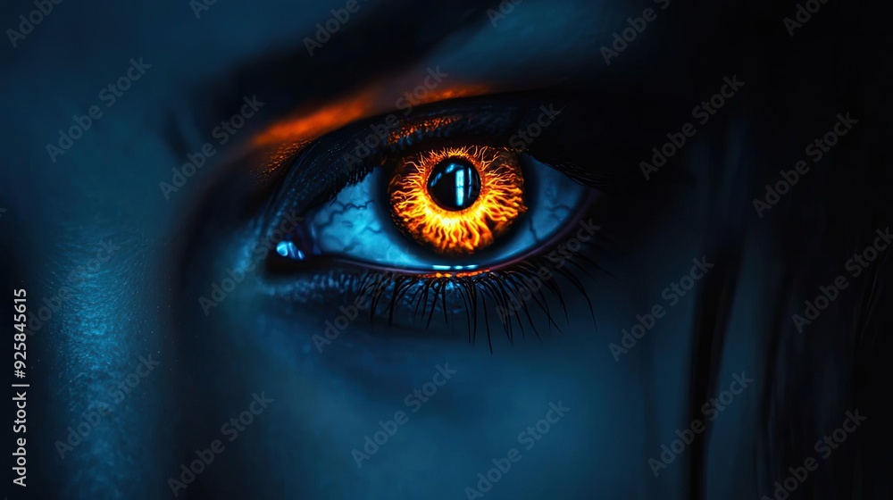 Poster a close-up of a captivating eye with a striking orange iris, illuminated against a dark and mysterio