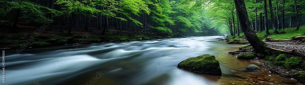 Poster a dynamic shot of a river flowing through a forest, demonstrating the energy in moving water within 