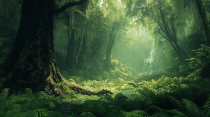 A picture of a forest with tall trees, ferns, and a small stream. It looks very green and mysterious