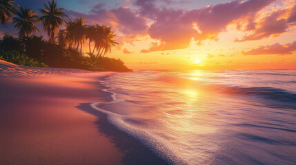 A picture of a beach with palm trees and a beautiful sunset over the ocean