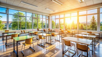 Modern sunlit classroom with neatly arranged desks and chairs, large windows, and a clean