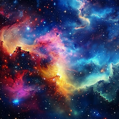 stars and nebula, A vibrant nebula with magentas, blues, and greens, amidst a star-filled sky, creating a lively, sparkling universe.