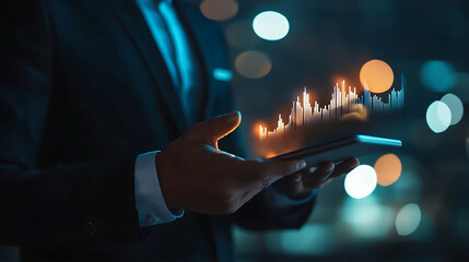 close-up of a businessman’s hands holding a tablet with a glowing, upward-trending business chart on the screen, the background softly blurred to symbolize progress and success