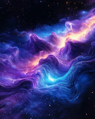 space of space, Neon gradient cosmic lava flow in blue, turquoise, and purple on black background with stars, detailed and vibrant.