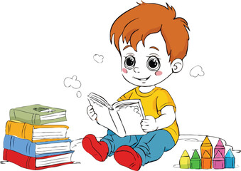 coloring page simple drawing of cartoon character reading a book in library , coloring book