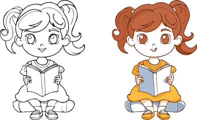 coloring page simple drawing of cartoon character reading a book in library , coloring book